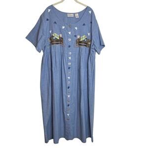Cabernet Woman Chambray Midi Dress Size 1X Blue Embroidered Cottage Country